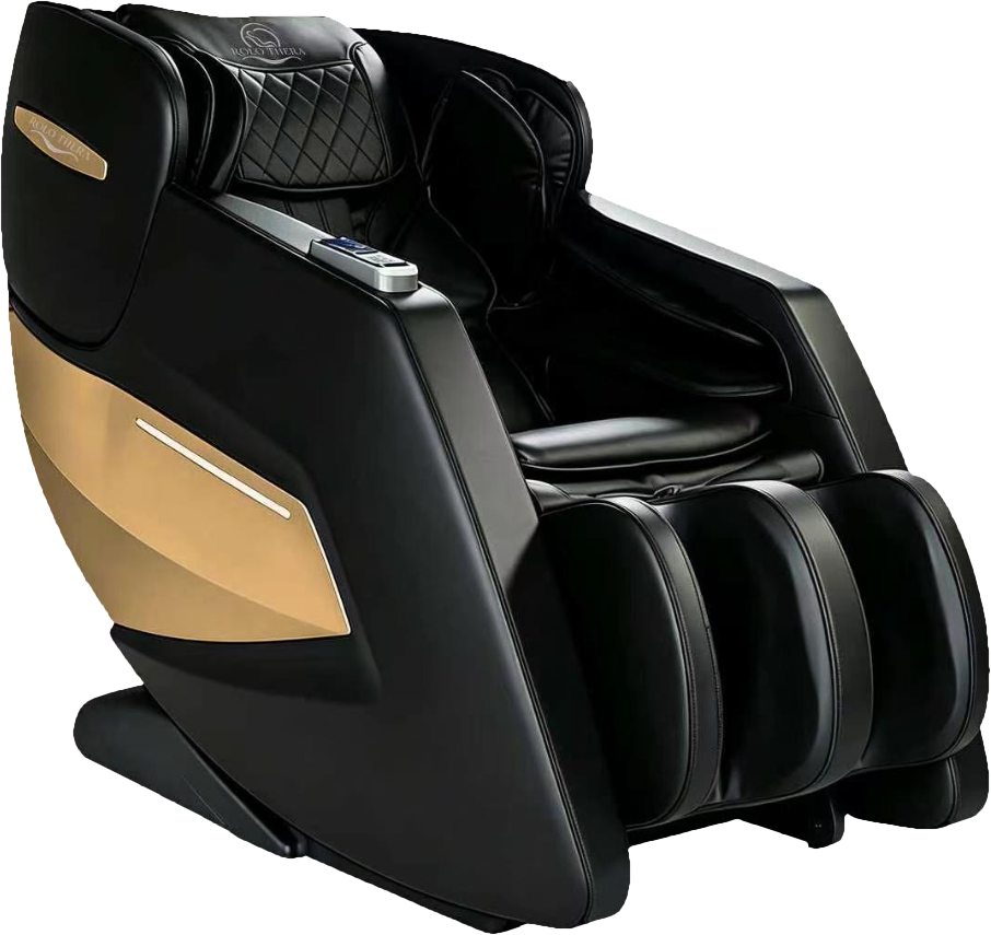 Rolo Thera 4D zero-gravity vending massage chair in black leather with gold side panels